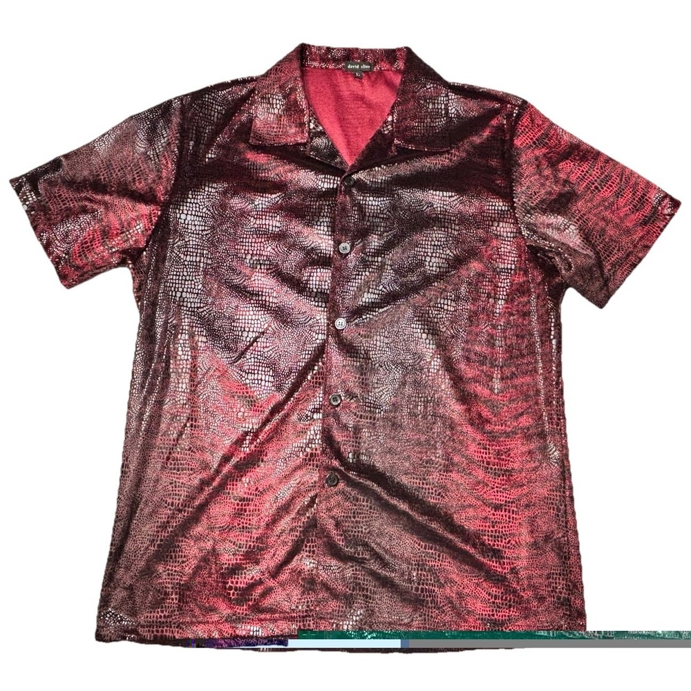 David Cline Disco Snake Print Shirt L Red Metallic Glam Rock Vegas USA Y2K